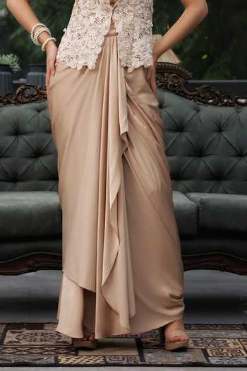 Lasha_Beige Silk Collared, V-neck Jacket And Draped Skirt Set _Online_at_Aza_Fashions