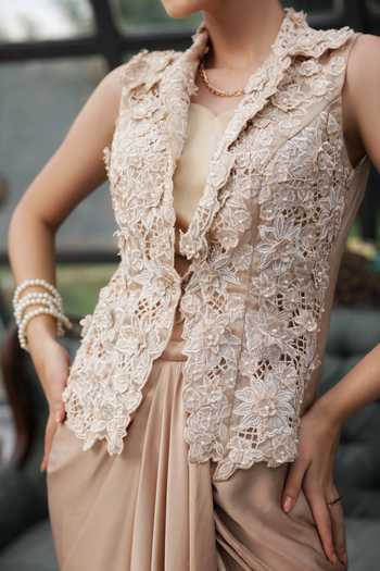 Buy_Lasha_Beige Silk Collared, V-neck Jacket And Draped Skirt Set _Online_at_Aza_Fashions