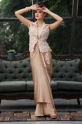 Shop_Lasha_Beige Silk Collared, V-neck Jacket And Draped Skirt Set _Online_at_Aza_Fashions