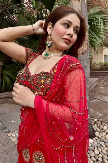 Lasha_Coral Silk, Satin, Net Sweetheart Neck Hand Embroidered Lehenga Set _Online_at_Aza_Fashions