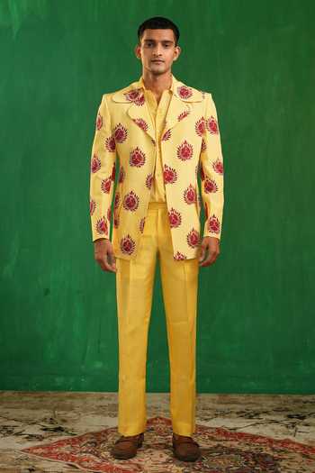 Ahi Clothing_Yellow Silk, Organza, Crepe Pomegranate Embroidered Blazer Set _Online_at_Aza_Fashions