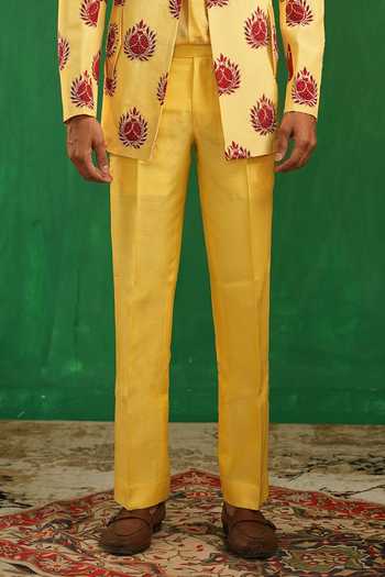 Buy_Ahi Clothing_Yellow Silk, Organza, Crepe Pomegranate Embroidered Blazer Set _Online_at_Aza_Fashions