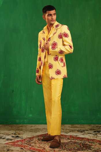 Shop_Ahi Clothing_Yellow Silk, Organza, Crepe Pomegranate Embroidered Blazer Set _Online_at_Aza_Fashions
