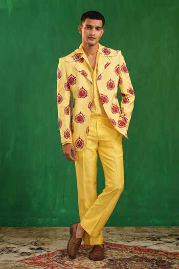 Ahi Clothing_Yellow Silk, Organza, Crepe Pomegranate Embroidered Blazer Set _at_Aza_Fashions