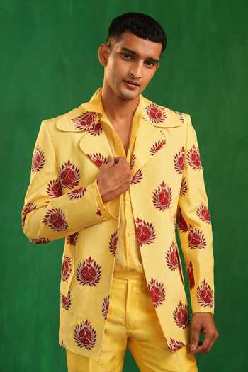 Buy_Ahi Clothing_Yellow Silk, Organza, Crepe Pomegranate Embroidered Blazer Set 