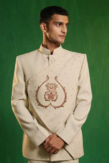 Ahi Clothing_Ivory Suiting Embroidery Regal Zardozi Jodhpuri Bandhgala Set _Online_at_Aza_Fashions