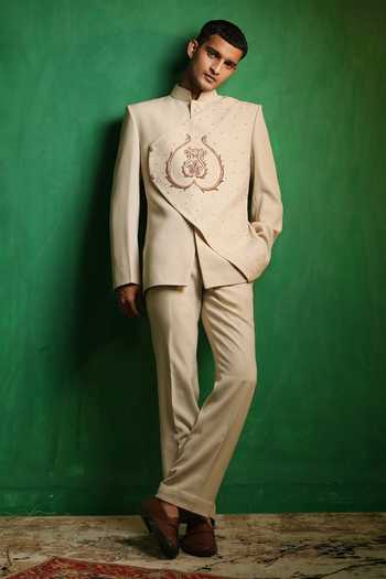 Ahi Clothing_Ivory Suiting Embroidery Regal Zardozi Jodhpuri Bandhgala Set _at_Aza_Fashions