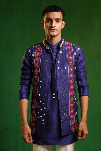 Ahi Clothing_Blue Silk, Suiting Embroidery, Mirrors Embellished Bundi And Kurta Set _at_Aza_Fashions