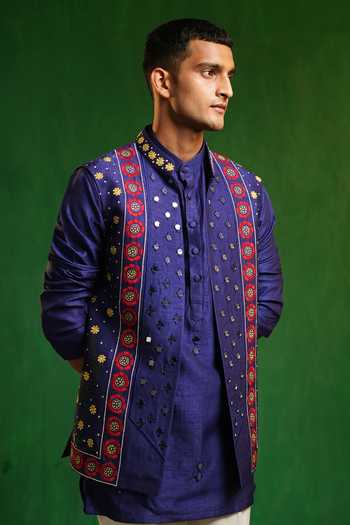Buy_Ahi Clothing_Blue Silk, Suiting Embroidery, Mirrors Embellished Bundi And Kurta Set 
