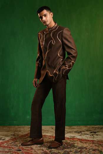 Buy_Ahi Clothing_Brown Suiting Metallic Thread Embellished Jodhpuri Bandhgala Set _Online_at_Aza_Fashions
