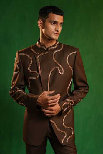 Shop_Ahi Clothing_Brown Suiting Metallic Thread Embellished Jodhpuri Bandhgala Set _Online_at_Aza_Fashions