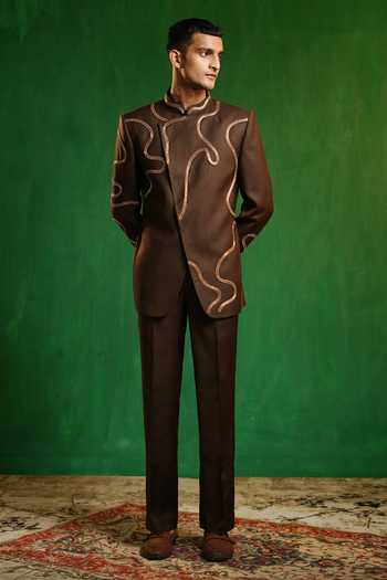 Ahi Clothing_Brown Suiting Metallic Thread Embellished Jodhpuri Bandhgala Set _at_Aza_Fashions