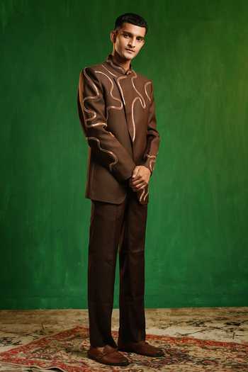 Buy_Ahi Clothing_Brown Suiting Metallic Thread Embellished Jodhpuri Bandhgala Set 