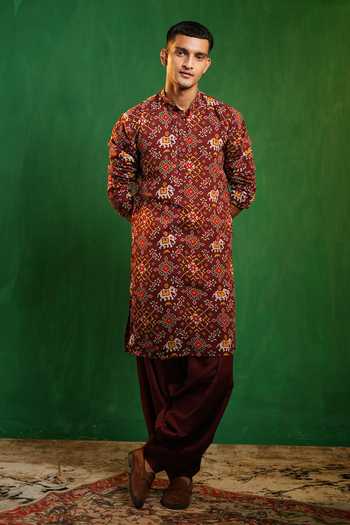 Buy_Ahi Clothing_Maroon Silk, Georgette Patola Print Kurta Salwar Set _Online_at_Aza_Fashions
