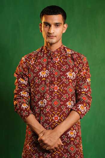 Shop_Ahi Clothing_Maroon Silk, Georgette Patola Print Kurta Salwar Set _Online_at_Aza_Fashions
