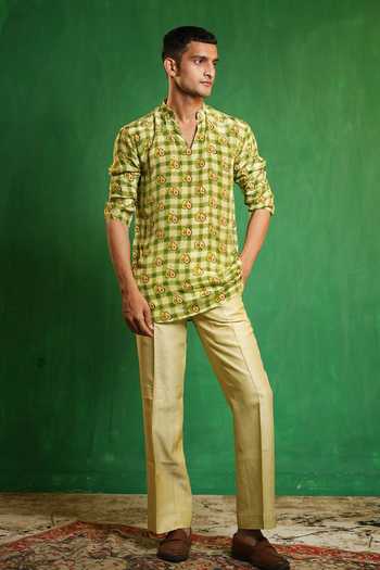 Ahi Clothing_Green Silk, Crepe Avocado Print Bandhgala Kurta Set _Online_at_Aza_Fashions