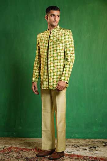 Shop_Ahi Clothing_Green Silk, Crepe Avocado Print Bandhgala Kurta Set _Online_at_Aza_Fashions