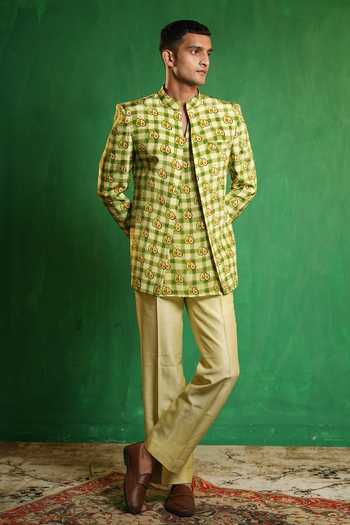 Ahi Clothing_Green Silk, Crepe Avocado Print Bandhgala Kurta Set _at_Aza_Fashions