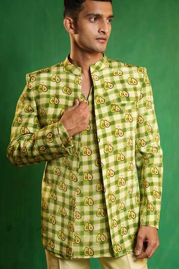 Buy_Ahi Clothing_Green Silk, Crepe Avocado Print Bandhgala Kurta Set 