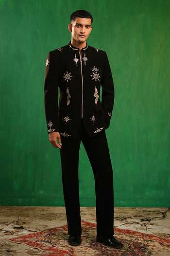 Ahi Clothing_Black Suiting Zari Zardozi Motif Embroidered Bandhgala Co-ord Set _Online_at_Aza_Fashions