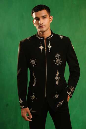 Shop_Ahi Clothing_Black Suiting Zari Zardozi Motif Embroidered Bandhgala Co-ord Set _Online_at_Aza_Fashions
