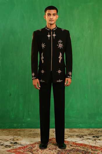 Ahi Clothing_Black Suiting Zari Zardozi Motif Embroidered Bandhgala Co-ord Set _at_Aza_Fashions