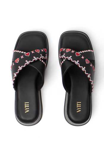 Buy_House Of Vitti India_Black Crush Codes Cushioned Flat Sliders _Online_at_Aza_Fashions