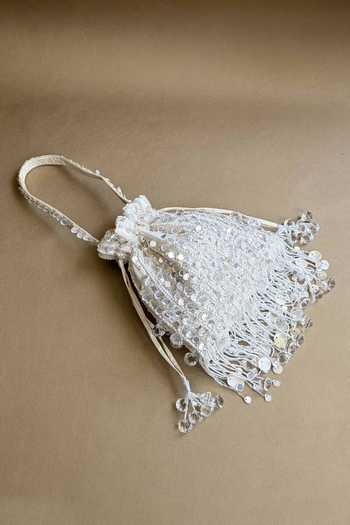 Plode_White Sequins, Beads, Pearls, Tassels Pataka Embellished Potli Bag _at_Aza_Fashions