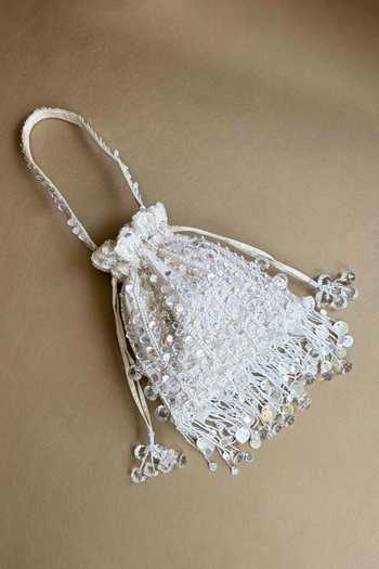 Shop_Plode_White Sequins, Beads, Pearls, Tassels Pataka Embellished Potli Bag 