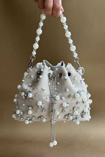 Plode_Beige Beads, Pearls, Crystals, Rhinestones Jute Starry Embellished Bucket Bag _Online_at_Aza_Fashions