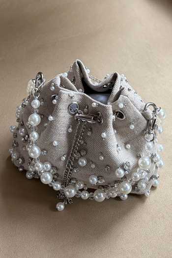 Buy_Plode_Beige Beads, Pearls, Crystals, Rhinestones Jute Starry Embellished Bucket Bag _Online_at_Aza_Fashions