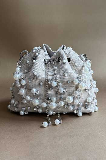 Shop_Plode_Beige Beads, Pearls, Crystals, Rhinestones Jute Starry Embellished Bucket Bag _Online_at_Aza_Fashions