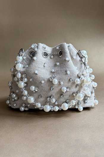 Plode_Beige Beads, Pearls, Crystals, Rhinestones Jute Starry Embellished Bucket Bag _at_Aza_Fashions