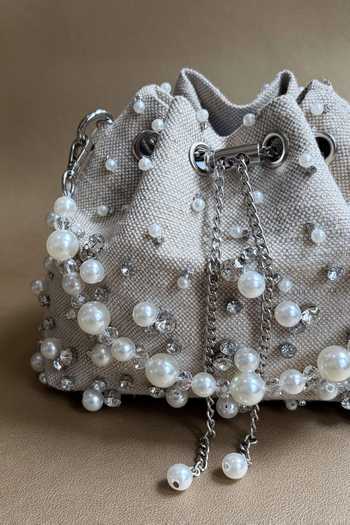 Buy_Plode_Beige Beads, Pearls, Crystals, Rhinestones Jute Starry Embellished Bucket Bag 