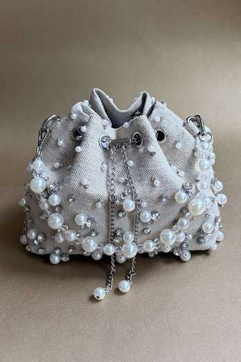 Shop_Plode_Beige Beads, Pearls, Crystals, Rhinestones Jute Starry Embellished Bucket Bag 