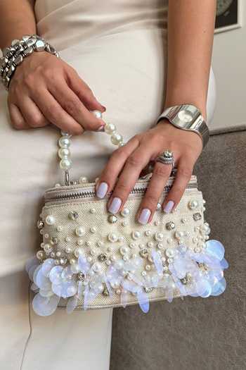 Plode_Beige Jute Embellished Structured Vanity Bag _Online_at_Aza_Fashions