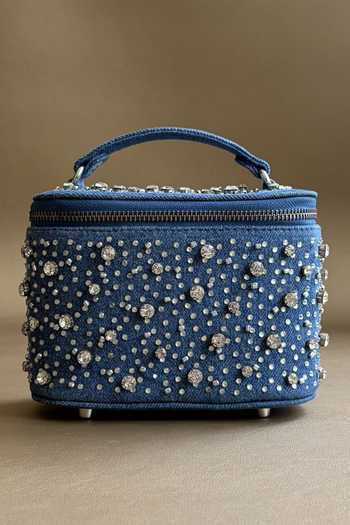 Plode_Blue Denim Embellished Structured Vanity Bag _Online_at_Aza_Fashions