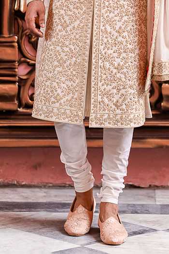 Yajy By Aditya Jain_Ivory Silk Suryo Dori Embroidered Sherwani Set _Online_at_Aza_Fashions