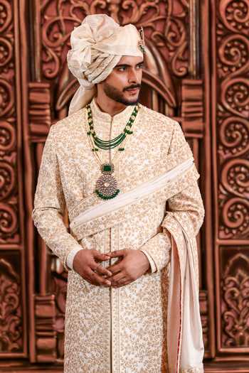 Buy_Yajy By Aditya Jain_Ivory Silk Suryo Dori Embroidered Sherwani Set _Online_at_Aza_Fashions
