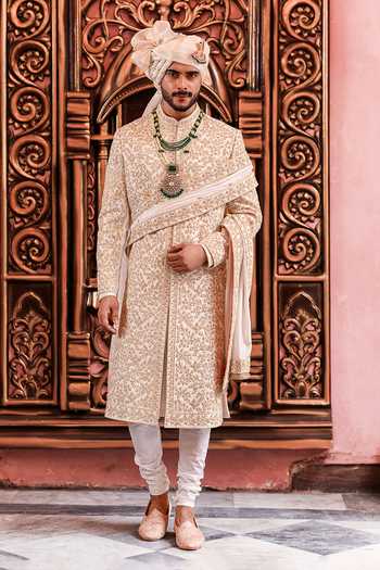 Shop_Yajy By Aditya Jain_Ivory Silk Suryo Dori Embroidered Sherwani Set _Online_at_Aza_Fashions
