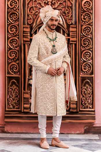 Yajy By Aditya Jain_Ivory Silk Suryo Dori Embroidered Sherwani Set _at_Aza_Fashions