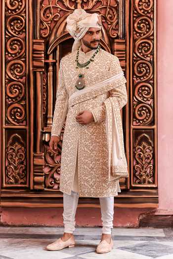 Buy_Yajy By Aditya Jain_Ivory Silk Suryo Dori Embroidered Sherwani Set 