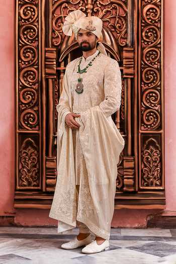 Shop_Yajy By Aditya Jain_Ivory Silk Subhra Mayur Embroidered Sherwani Set _Online_at_Aza_Fashions