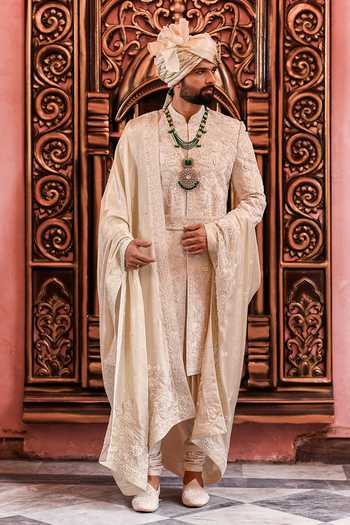 Yajy By Aditya Jain_Ivory Silk Subhra Mayur Embroidered Sherwani Set _at_Aza_Fashions