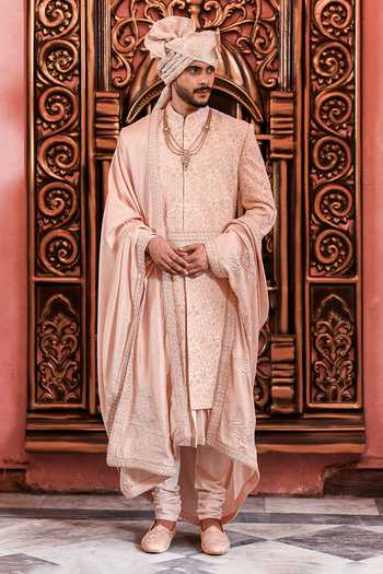 Shop_Yajy By Aditya Jain_Rose Gold Silk Shahi Boishakh Embroidered Sherwani Set _Online_at_Aza_Fashions