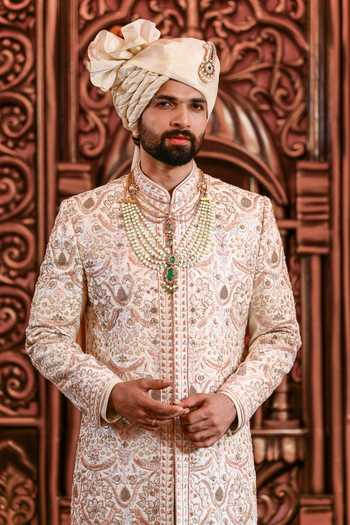 Shop_Yajy By Aditya Jain_Ivory Silk Darbaar Embroidered Sherwani Set _Online_at_Aza_Fashions