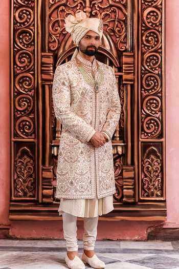 Yajy By Aditya Jain_Ivory Silk Darbaar Embroidered Sherwani Set _at_Aza_Fashions
