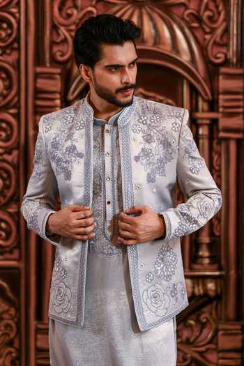 Buy_Yajy By Aditya Jain_Blue Silk Nobo Roop Rose Embroidered Jacket And Kurta Set _Online_at_Aza_Fashions