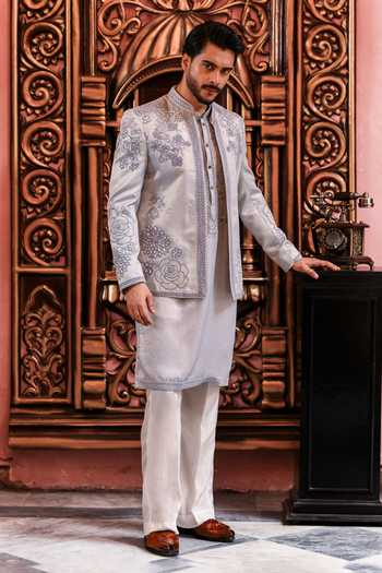 Shop_Yajy By Aditya Jain_Blue Silk Nobo Roop Rose Embroidered Jacket And Kurta Set _Online_at_Aza_Fashions