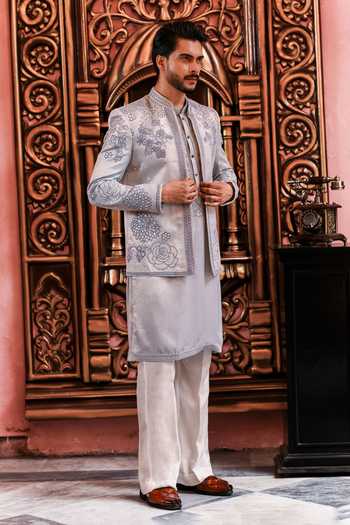 Yajy By Aditya Jain_Blue Silk Nobo Roop Rose Embroidered Jacket And Kurta Set _at_Aza_Fashions